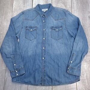Guess Jeans Men Western Shirt Size XL Blue Denim Pearl Snap Long Sleeve Top